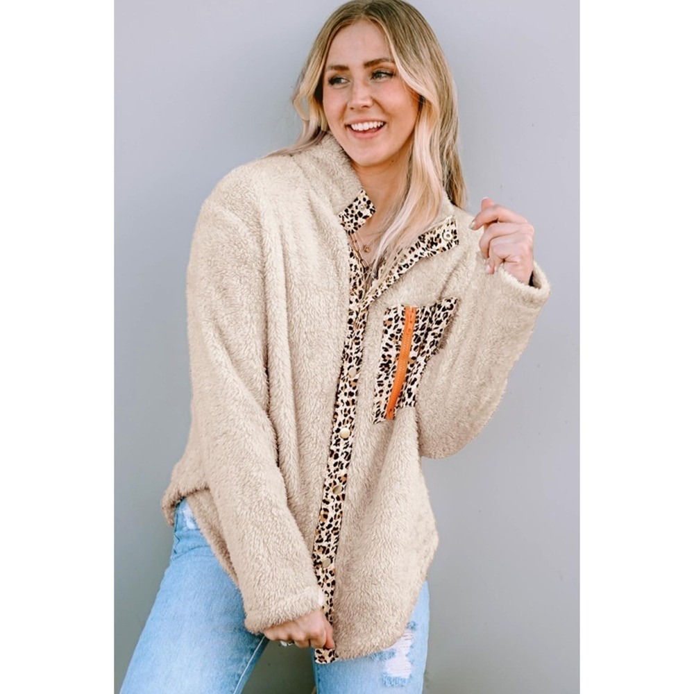 Womens‎ Sherpa Fleece Jacket Size M Cream Beige Leopard Winter Cozy Neutral